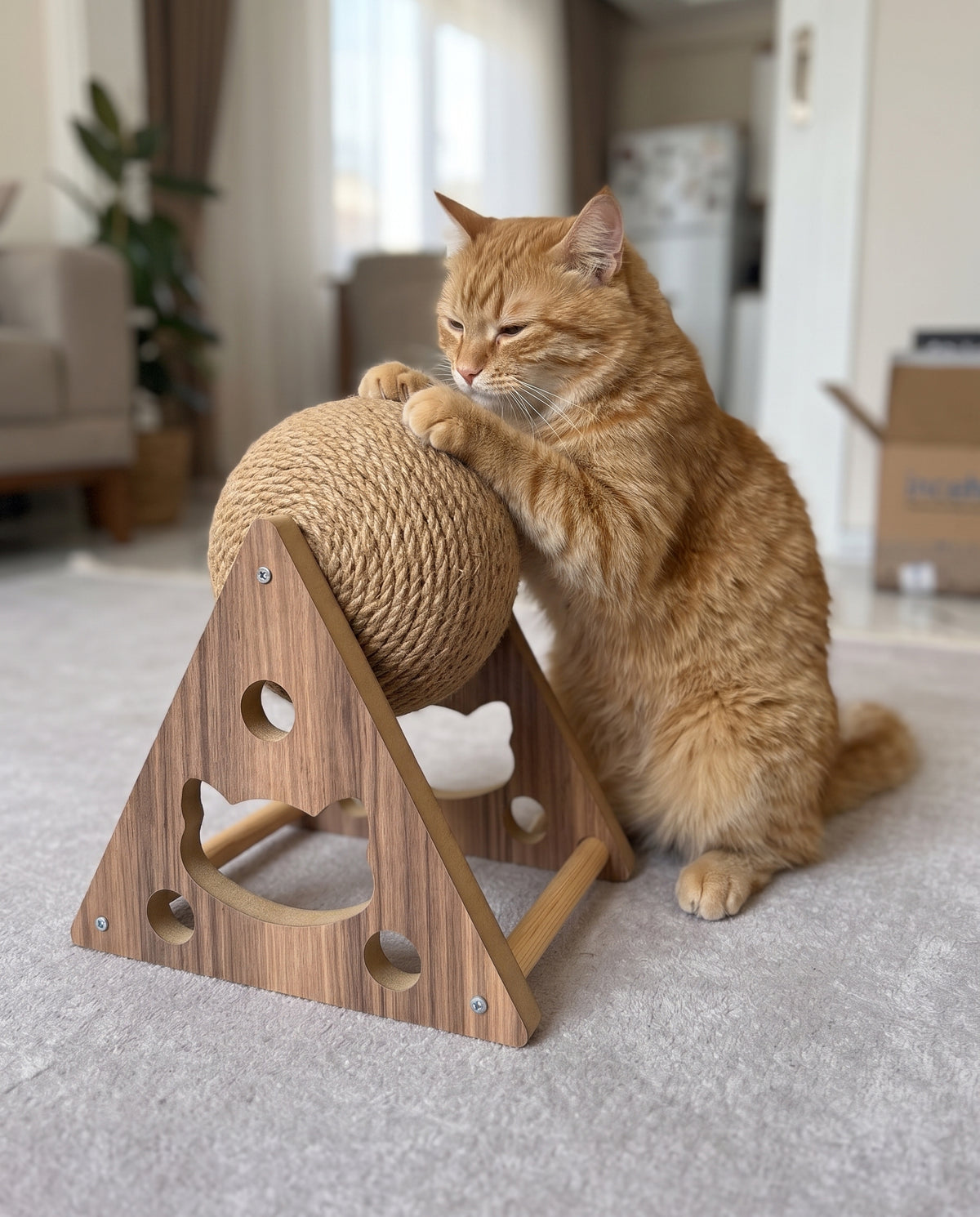 Doğal Jüt Halatlı Dönen Toplu Kedi Tırmalama Oyuncağı | Ahşap Gövde