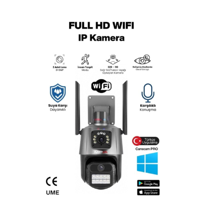 DualVision™ 3MP+3MP Çift Lensli Gece Renkli Görüşlü Akıllı WiFi Güvenlik Kamerası