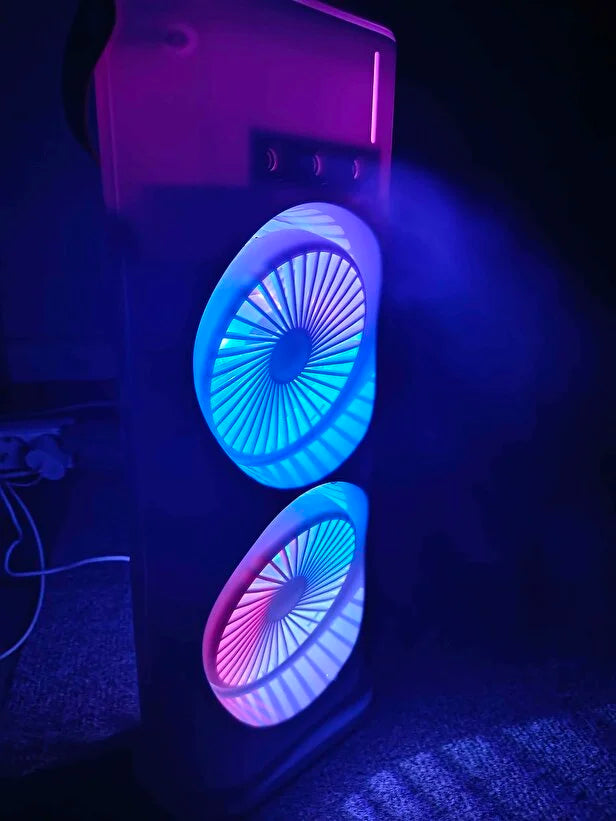 Çift Pervaneli 3 Delikli Nemlendirici Soğutucu Fan – Kablosuz, Bataryalı ve LED Işıklı Gece Lambası
