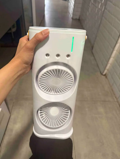 Çift Pervaneli 3 Delikli Nemlendirici Soğutucu Fan – Kablosuz, Bataryalı ve LED Işıklı Gece Lambası