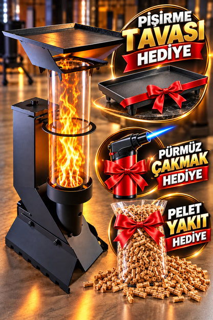HAN ISI Premium™ - Pratik Mini Kamp ve Balkon Pelet Sobası - Pelet ve Pürmüz Hediyeli