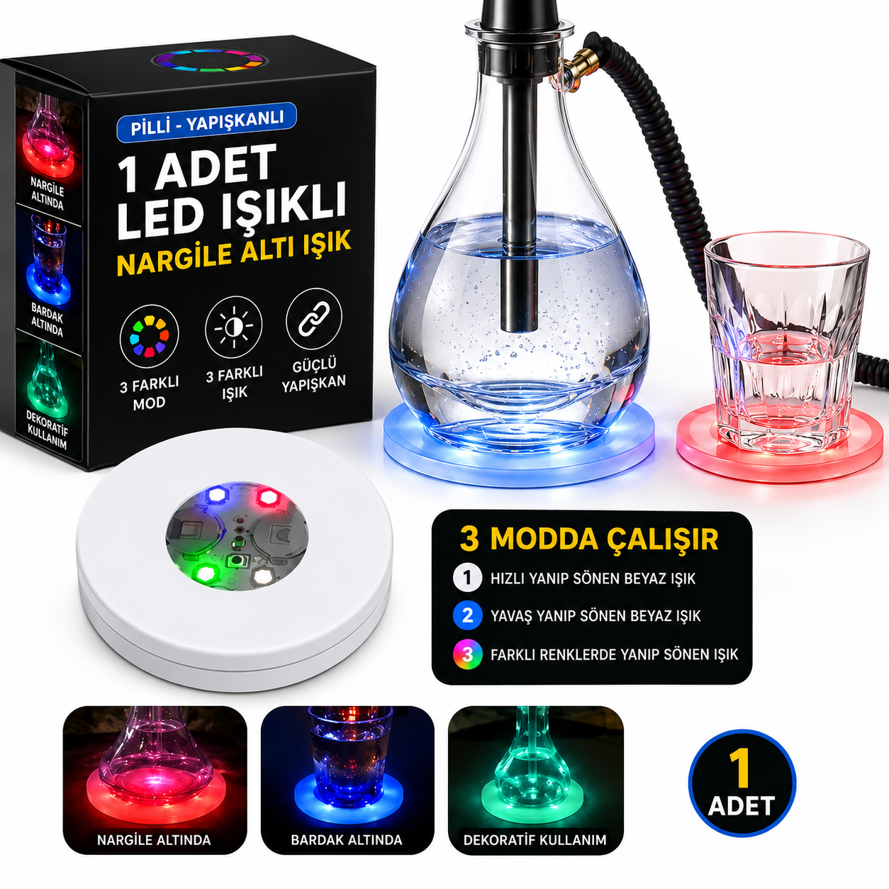RGB LED Nargile Altı Işık – 3 Modlu Yapışkanlı Su Geçirmez Dekoratif LED Aydınlatma