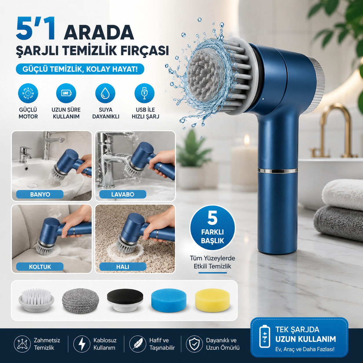 Kablosuz 5’i 1 Arada Şarjlı Elektrikli Temizlik Fırçası