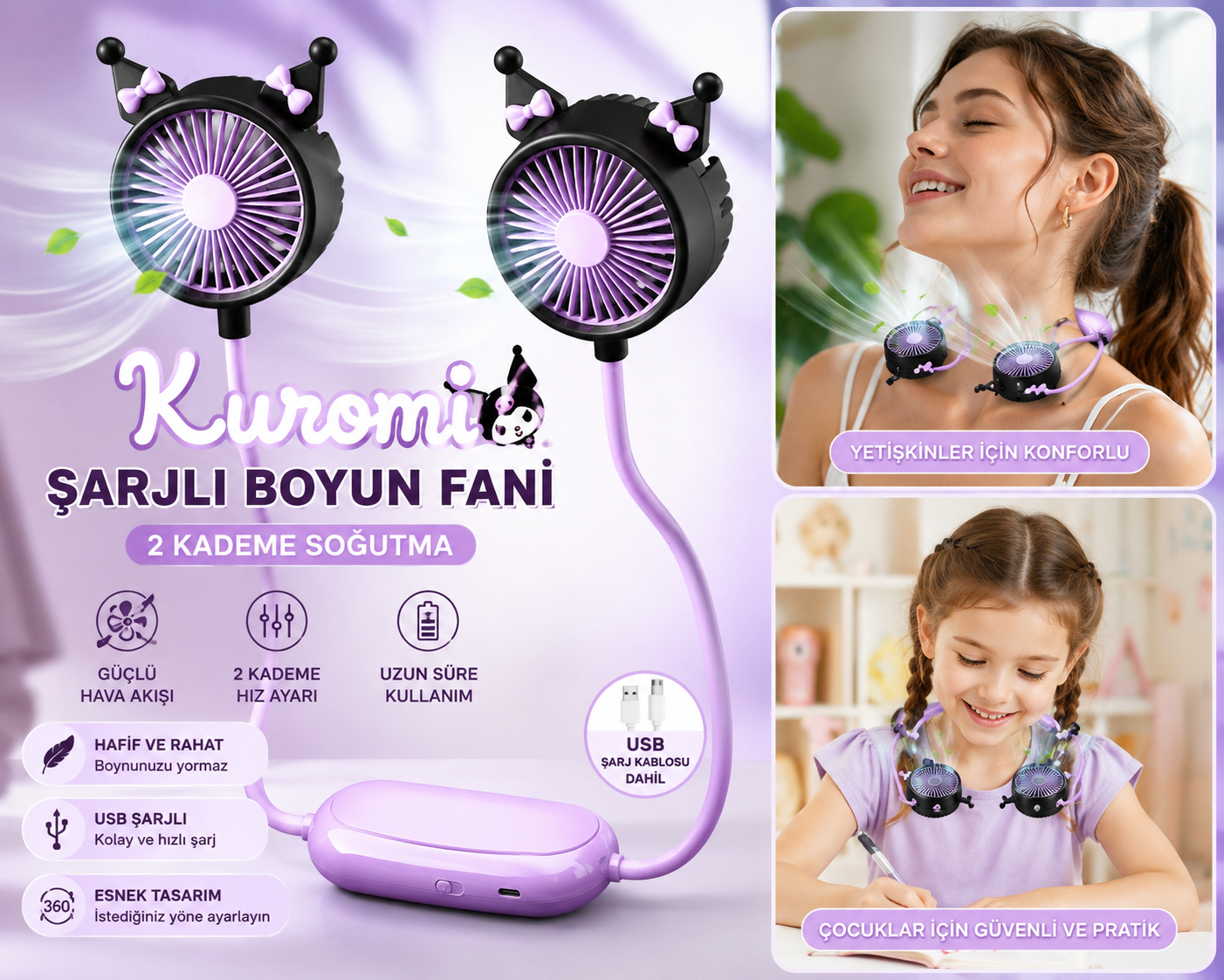 Kuromi™ Şarjlı Boyun Fanı | 2 Kademeli Taşınabilir Mini Vantilatör