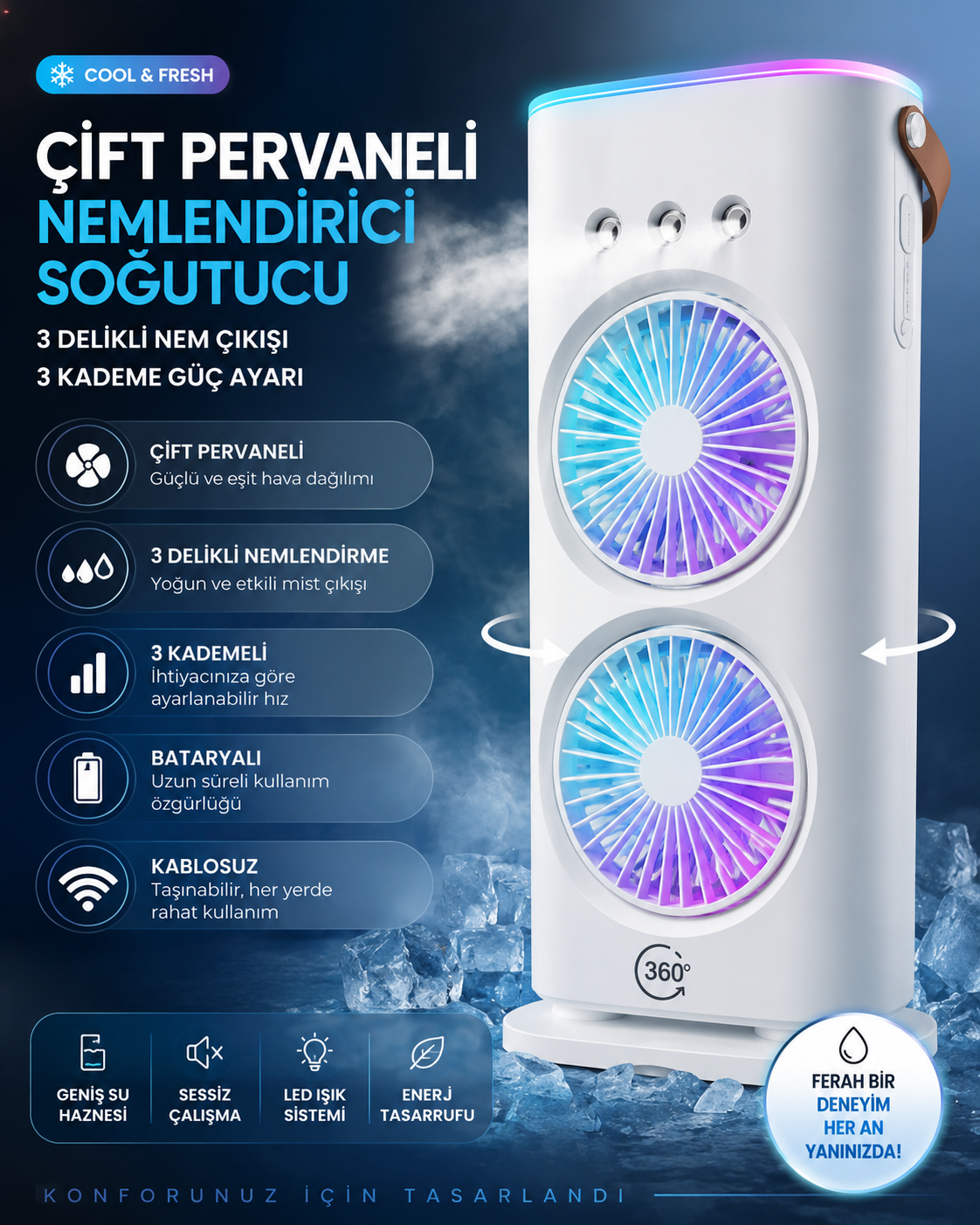 Çift Pervaneli 3 Delikli Nemlendirici Soğutucu Fan – Kablosuz, Bataryalı ve LED Işıklı Gece Lambası