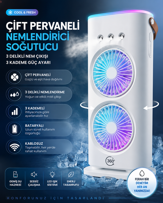 Çift Pervaneli 3 Delikli Nemlendirici Soğutucu Fan – Kablosuz, Bataryalı ve LED Işıklı Gece Lambası