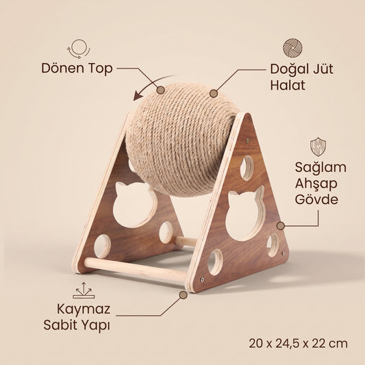 Doğal Jüt Halatlı Dönen Toplu Kedi Tırmalama Oyuncağı | Ahşap Gövde