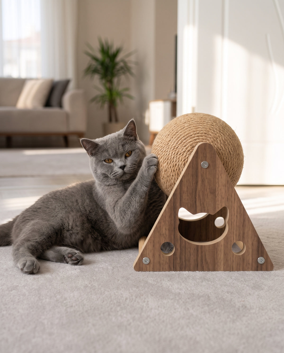 Doğal Jüt Halatlı Dönen Toplu Kedi Tırmalama Oyuncağı | Ahşap Gövde