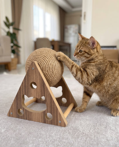 Doğal Jüt Halatlı Dönen Toplu Kedi Tırmalama Oyuncağı | Ahşap Gövde